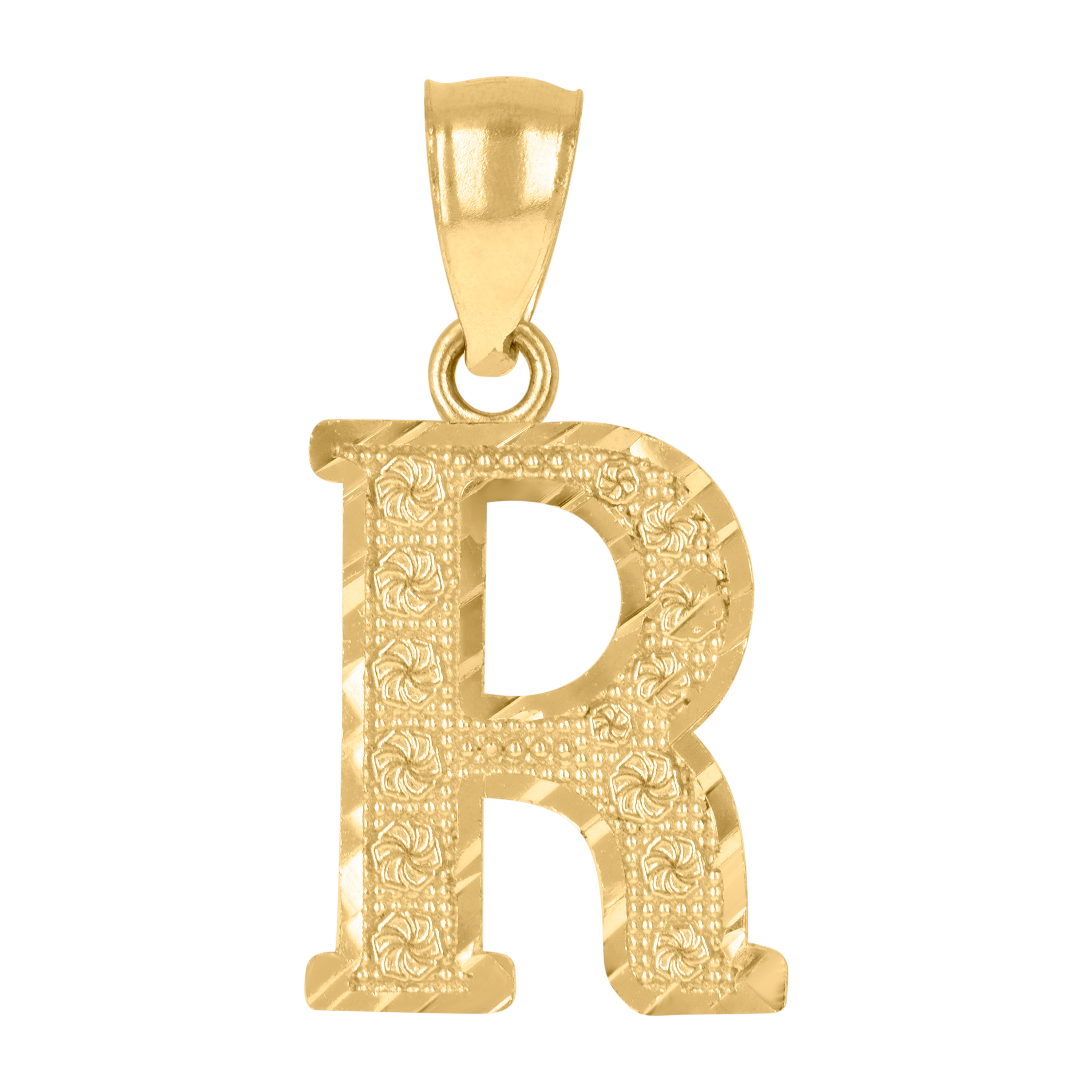 10K Yellow Gold Unisex Initial Alphabet R Charm Diamond-Cut Pendant - Picture 1 of 3