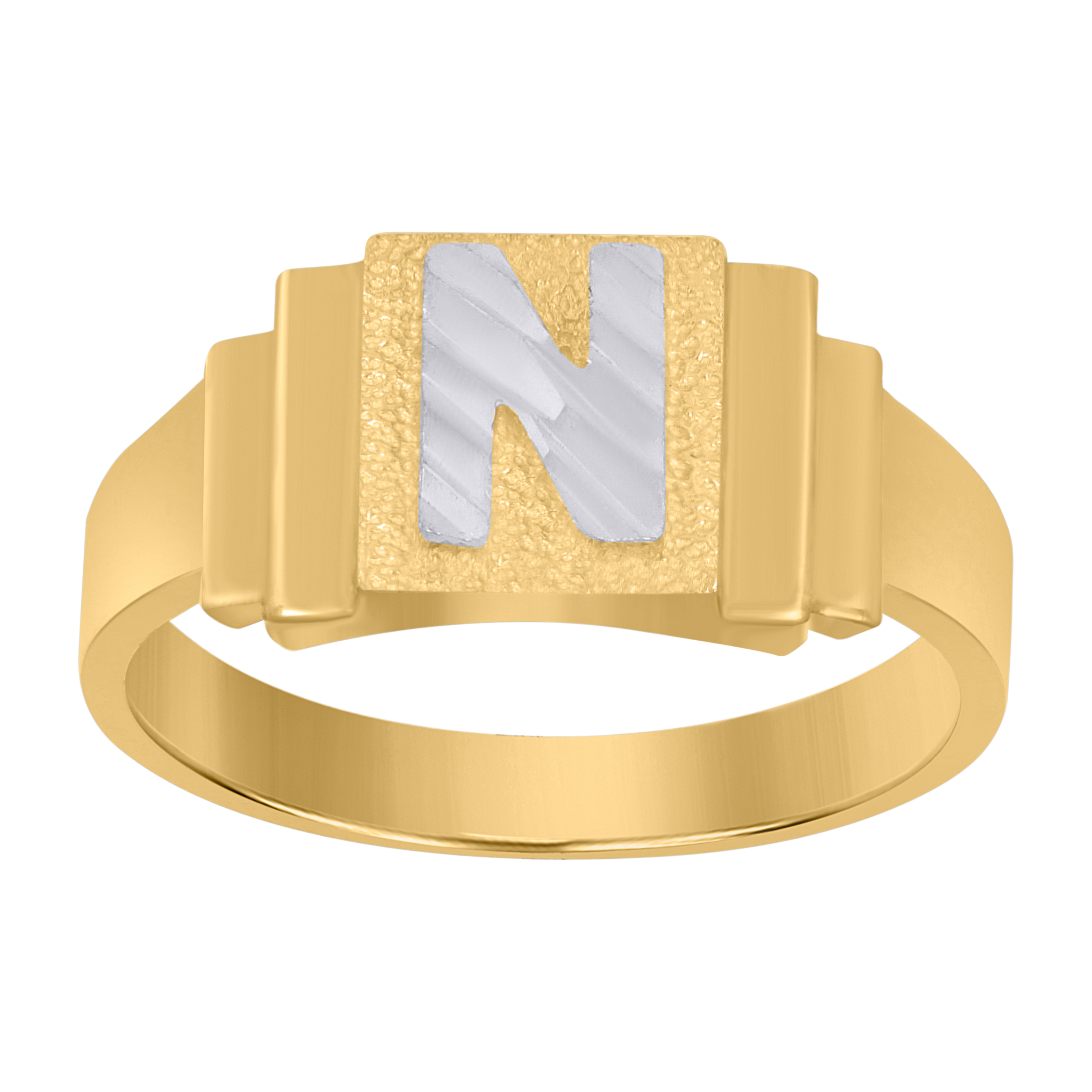 10K Yellow & White Gold Two-Tone Unisex Initial Alphabet N Diamond-Cut Ring - Picture 1 of 3